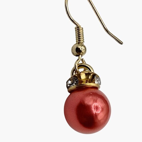 Red Pearl Drop Earrings Christmas Ornament Style - Picture 4 of 10